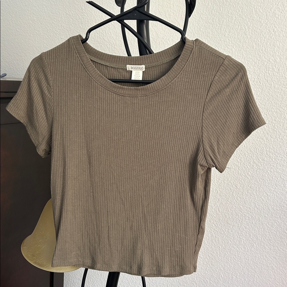 Brown Ribbed Short Sleeve Top